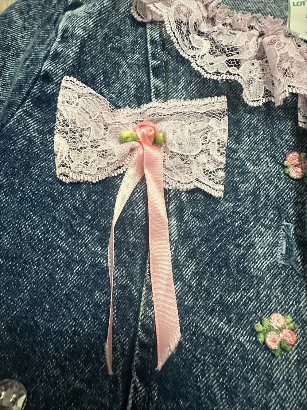 Authentic 90’s Girls Denim-Style Jacket with Pink Lace Trim and bows size 5